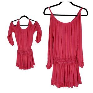Olivaceous small sexy pink cold shoulder long sleeve mini pleated ruffle dress